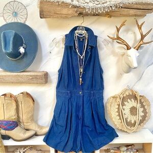 Halter style Linen denim romper w safari resort beach vacay vibe